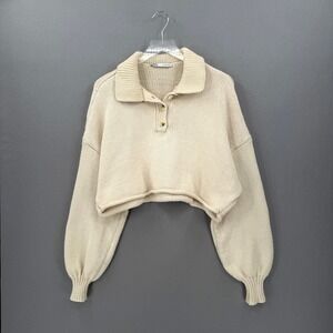 ZARA Cropped Polo Sweater Women Small Cream Relaxed Balloon Sleeve Casual Collar